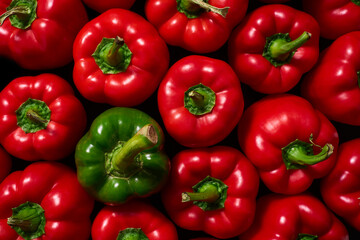 A single green sweet pepper surrounded by a group of red peppers. Sweet green and red bell peppers,...