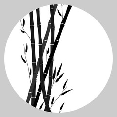 Asian background with bamboo plants. Round frame with place for text. Leaves, branches, sticks of bamboo. Black silhouette on a white background. Vector illustration. Minimalistic style.