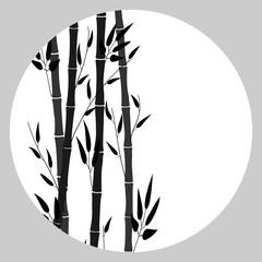 Round frame with bamboo plants. Twigs and leaves of bamboo. Black silhouette on a white background. Place for text. Flyer, banner, advertisement template. Vector illustration