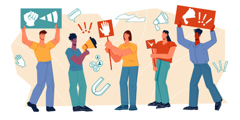 People take part in political rally or protest. Human rights and democracy, social equality concept, flat vector illustration isolated on white background.