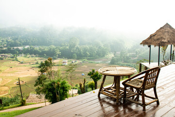 Morning with mountain view at countryside restaurant or homestay.Vacation,travel and trip concept.