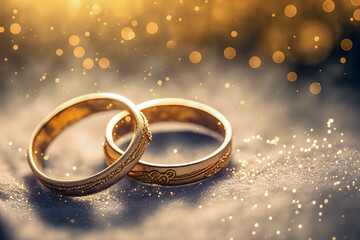 Obraz na płótnie Canvas Wedding rings, in the snow, Forever. Valentine's day. Generative AI
