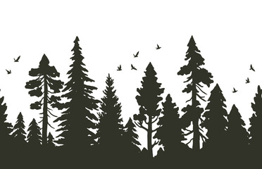 Seamless pattern with coniferous forest. Vector silhouette of firs, pines and birds isolated on white background. Nature border pattern © GaliChe
