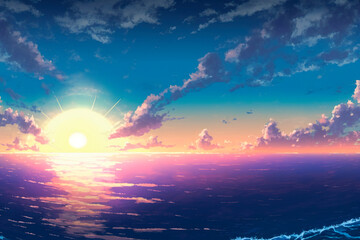 Sunrise over the sea. Anime wallpaper. AI