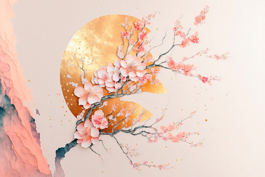 Fototapeta Spring wallpaper with sakura blossom. Abstract design for prints, postcards with golden elements. AI 