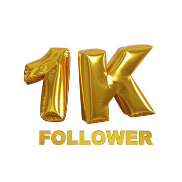3d render golden balloon text 1k follower with transparent background