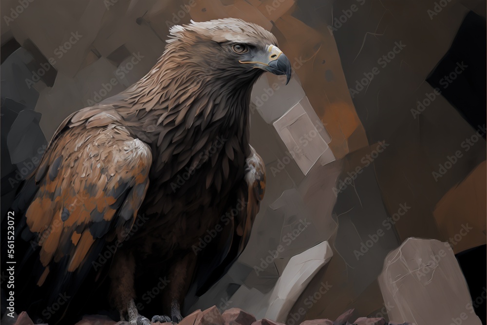 Poster a painting of a bird of prey on a rock ledge with a rock in the background and a rock in the foregro