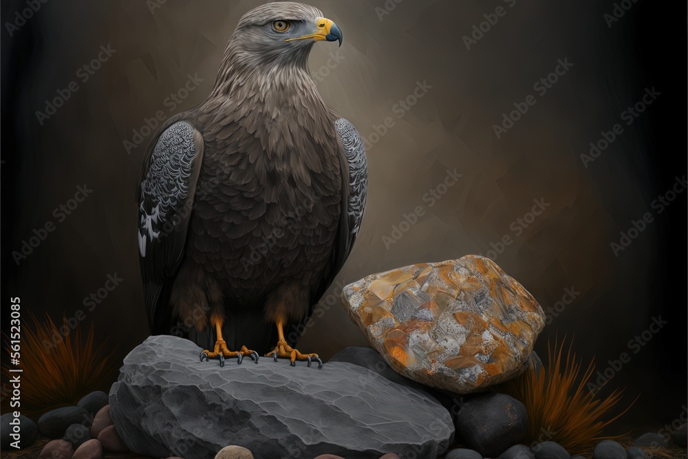 Aufkleber a bird of prey sitting on a rock next to a rock and a rock with a rock on it's side and a rock with 