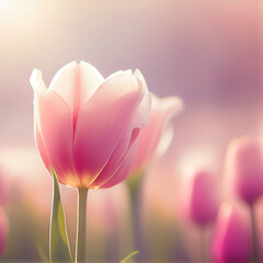 Natural spring light pink tulips on green. Illustration Generative AI
