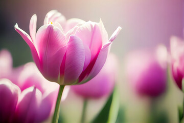 Natural spring light pink tulips on green. Illustration Generative AI
