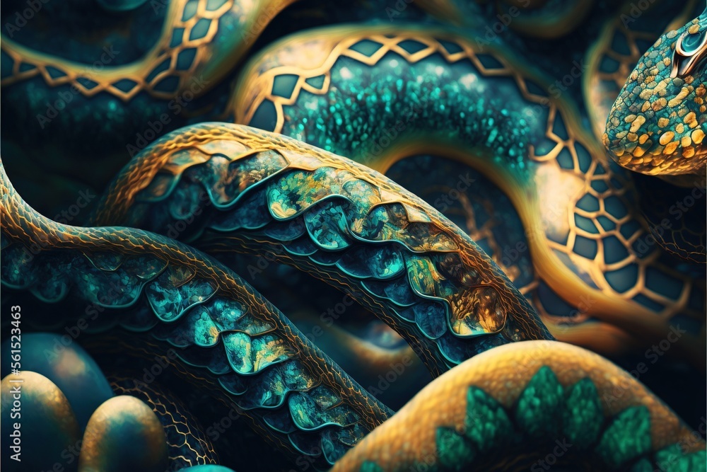 Poster a close up of a snake skin with many colors and patterns on it's skin, with a black background and a