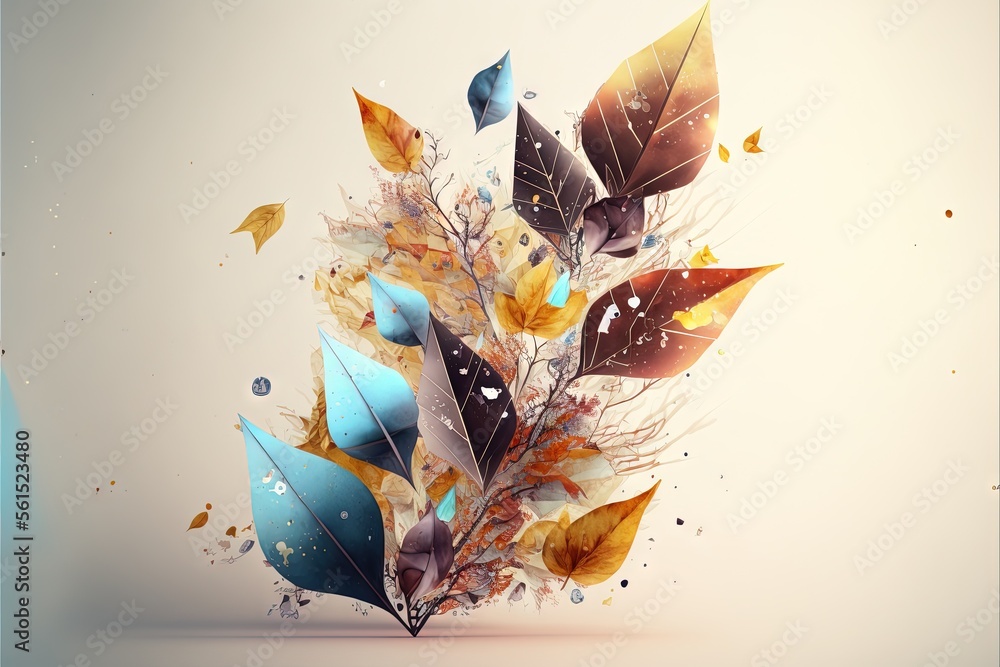 Aufkleber a bunch of leaves that are on a table with water droplets on it and a blue background with a white b