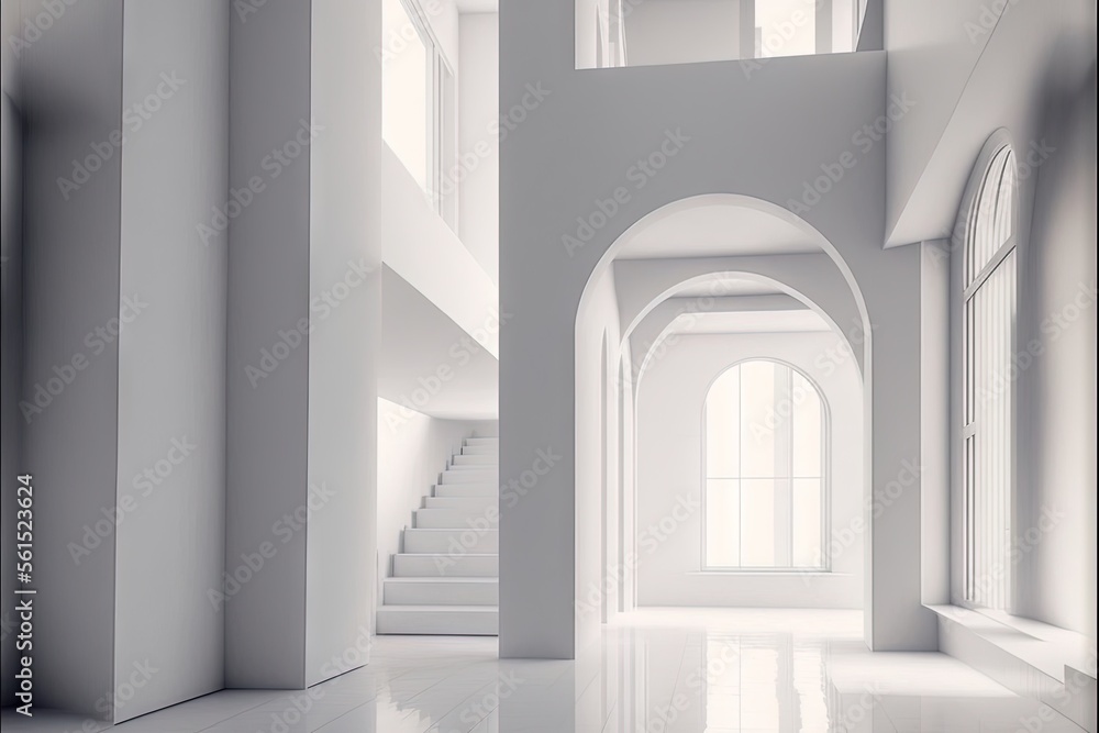 Poster a white room with a staircase and windows in it and a white tiled floor and walls with arches and ar
