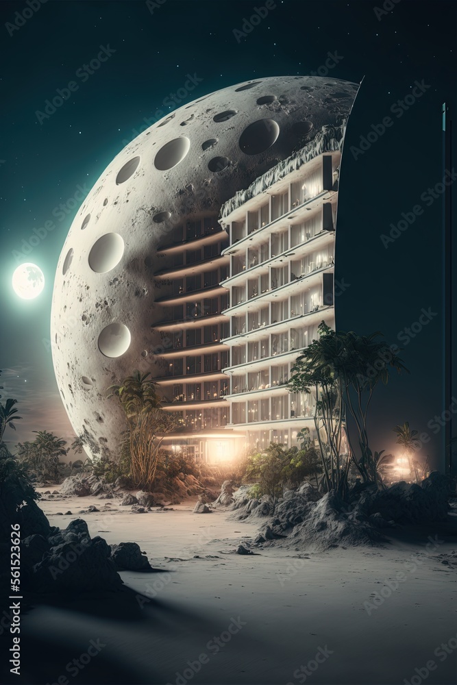 Poster a futuristic building with a giant moon in the background at night time with a full moon in the sky 
