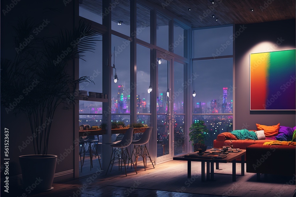 Poster a living room with a couch and a table in front of a window with a city view at night time, with a r