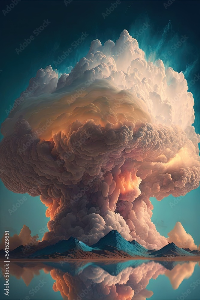 Poster a painting of a cloud with a reflection of a mountain in the water and a sky with clouds and mountai