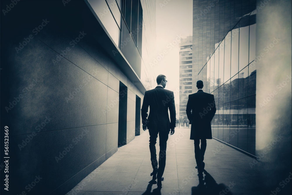 Poster two men in suits walking down a sidewalk in a city setting with tall buildings in the background, on