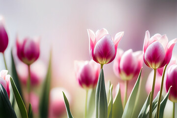 Obraz premium Natural spring light pink tulips on green. Illustration Generative AI