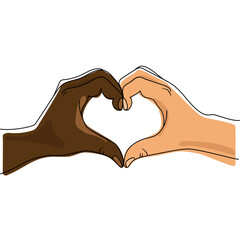 Fototapeta premium African black and Caucasian white skin color hands make a heart together vector graphics.Multinational heart shaped hands Symbol of equality unity partnership peace help support.Zero Discrimination