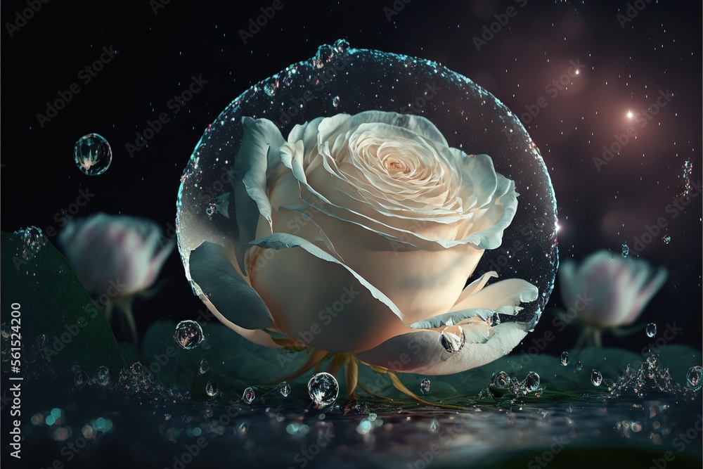 Poster a white rose in a bubble with bubbles around it and water droplets on the surface around it, with a 
