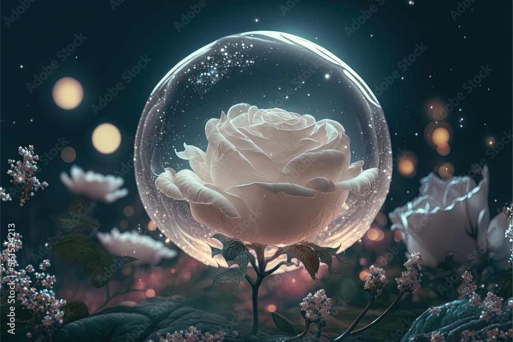 Poster a white rose in a bubble with bubbles floating around it and a moon in the background with stars and