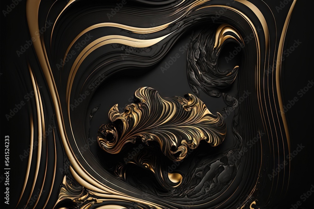 Poster a black and gold abstract background with a swirly design on it's side and a gold leaf on the top of