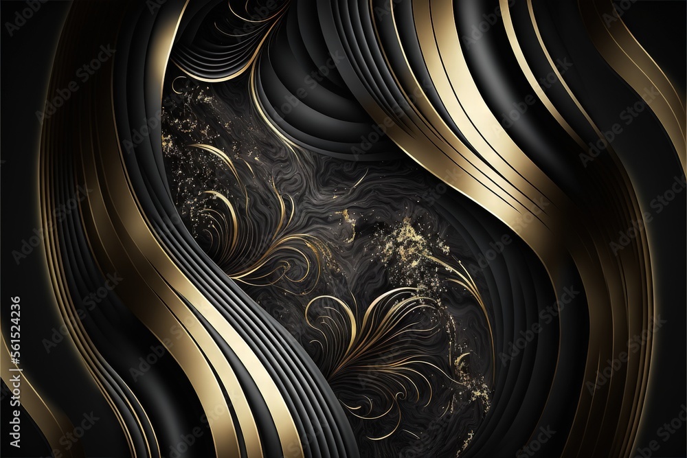 Poster a black and gold background with a swirly design on it's side and a black background with a gold swi