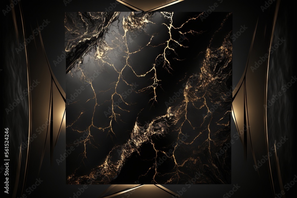 Poster a picture of a black and gold marble pattern with a light shining through the center of the picture 