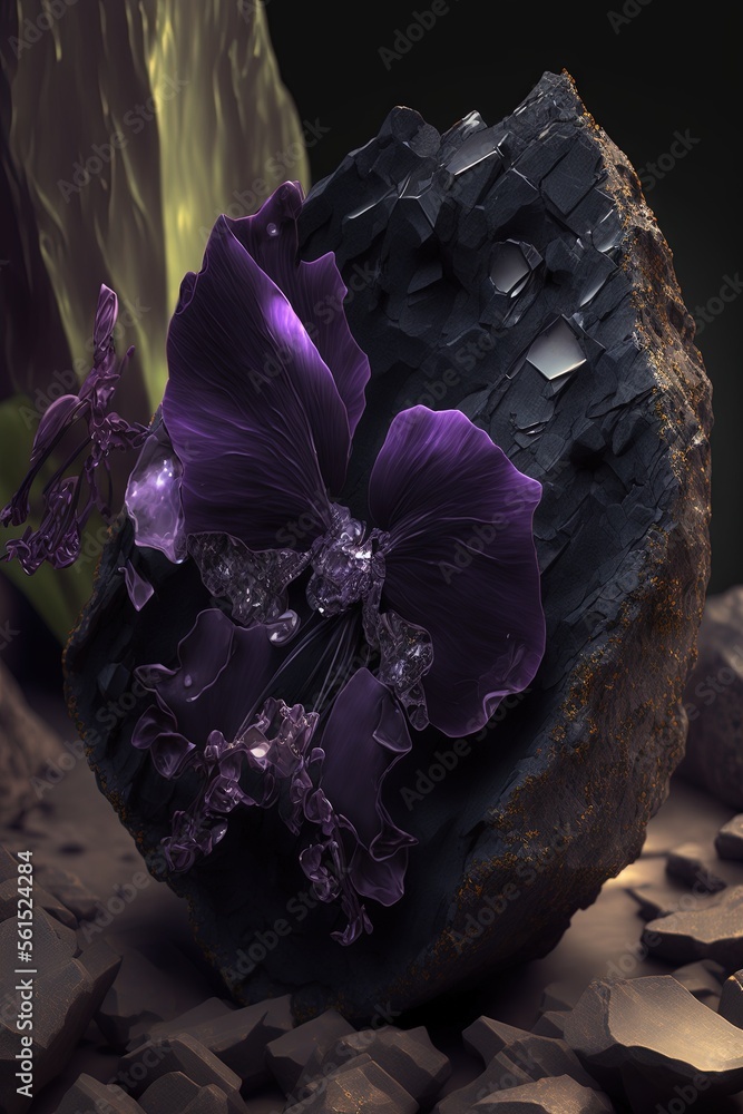 Aufkleber a rock with a flower on it sitting on a rock surface with rocks and gravel around it and a butterfly