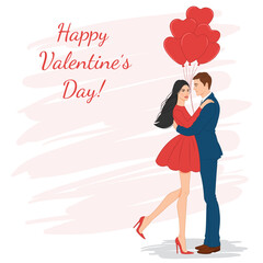 Young,  beautiful, romantic couple holding heart-shaped red balloons. Valentine's day celebration, vector illustration. 