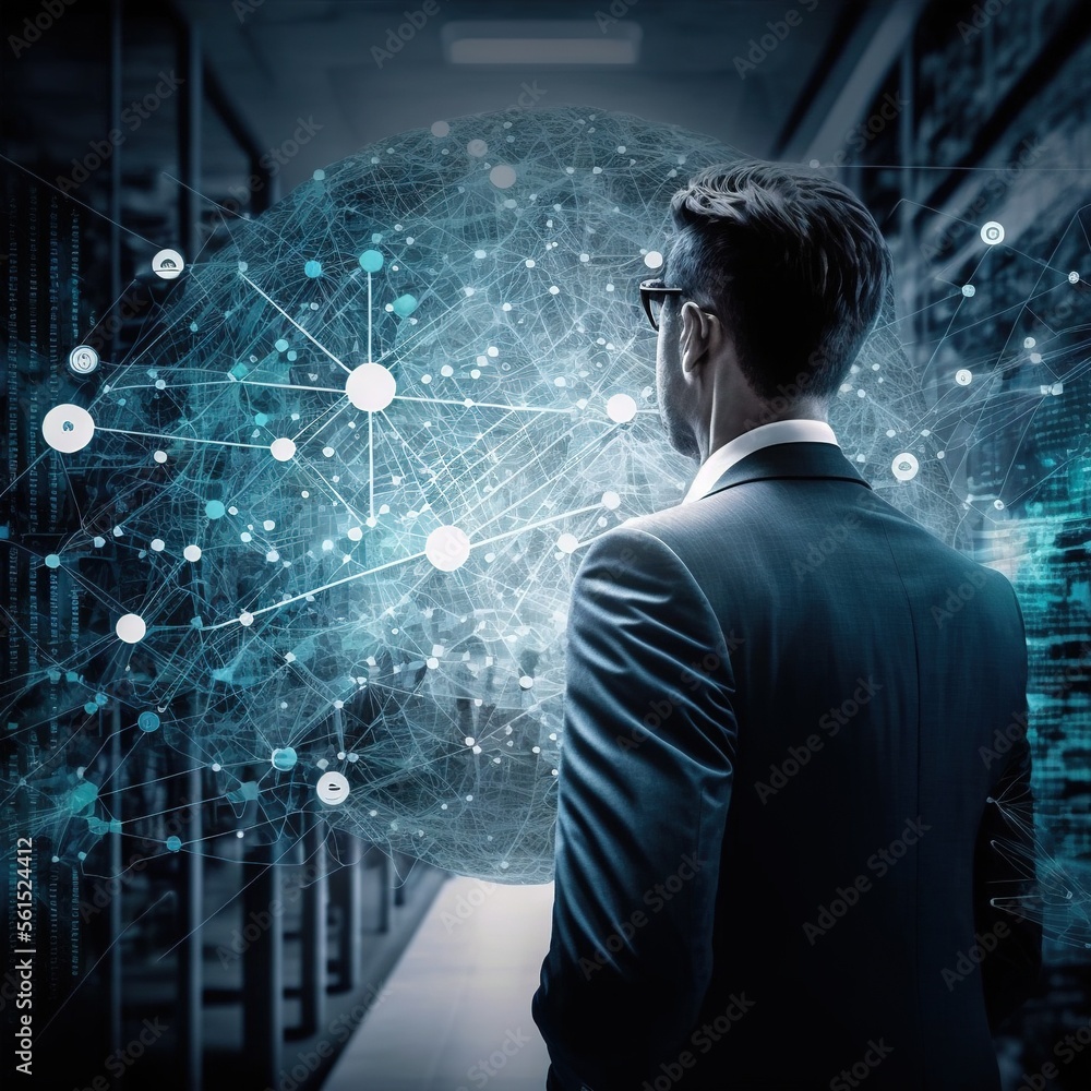 Aufkleber a man in a suit looking at a network diagram in a server room with a large head of data on the wall 