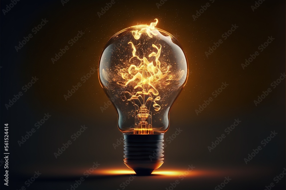 Poster a glowing light bulb with a flame inside of it on a dark background with a black background and a ye