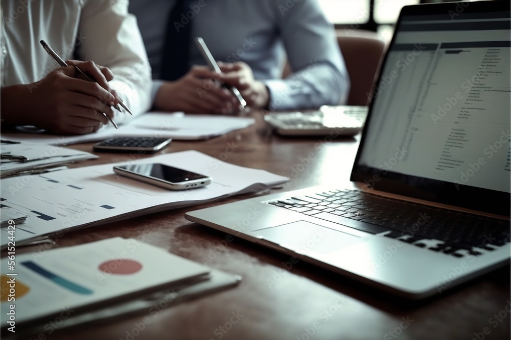 Poster a man sitting at a table with a laptop and a cell phone in front of him and another man writing on a