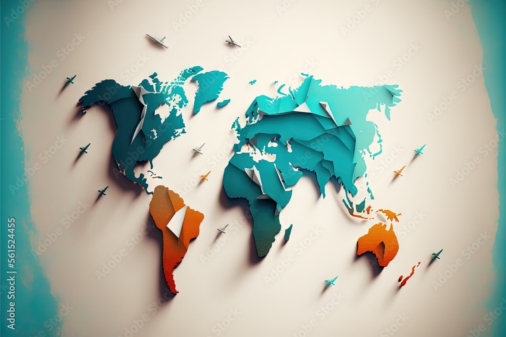Poster a world map made of paper with airplanes flying around it and a blue background with a white border 