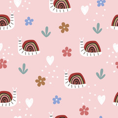 Cute seamless pattern with rainbow snails, flowers, grass on a pink background. Hand-drawn childish naive illustrations in a simple Scandinavian style in a limited palette