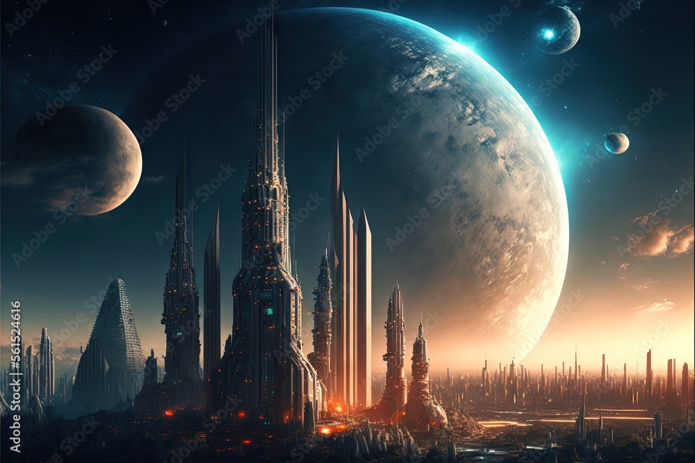 Poster a futuristic city with a huge moon in the background and a distant planet in the foreground with a d