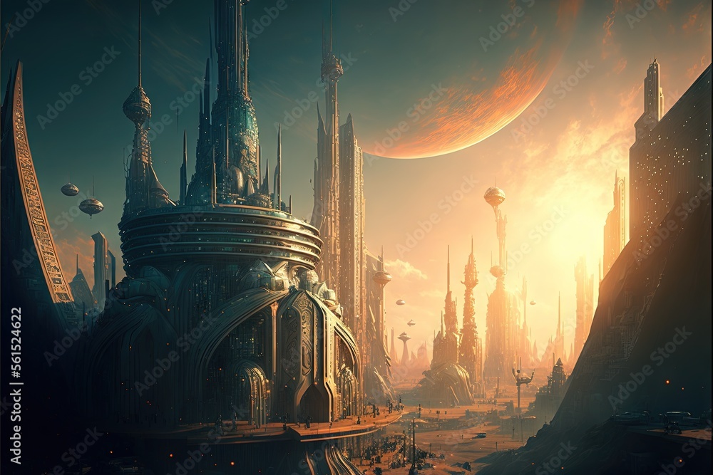 Aufkleber a futuristic city with a giant moon in the background and a distant planet in the foreground with a 