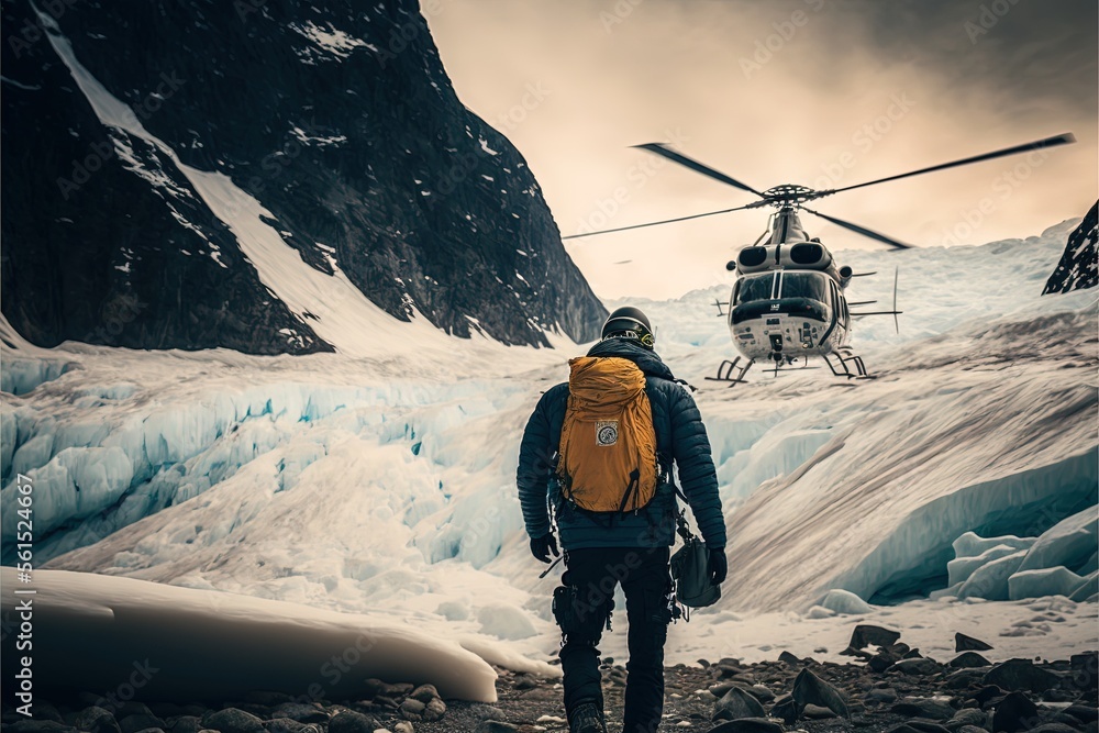 Poster  a man with a backpack is standing in front of a helicopter on a glacier field with ice chunks and a helicopter in the background with a helicopter on the sky above him is a man., generative ai