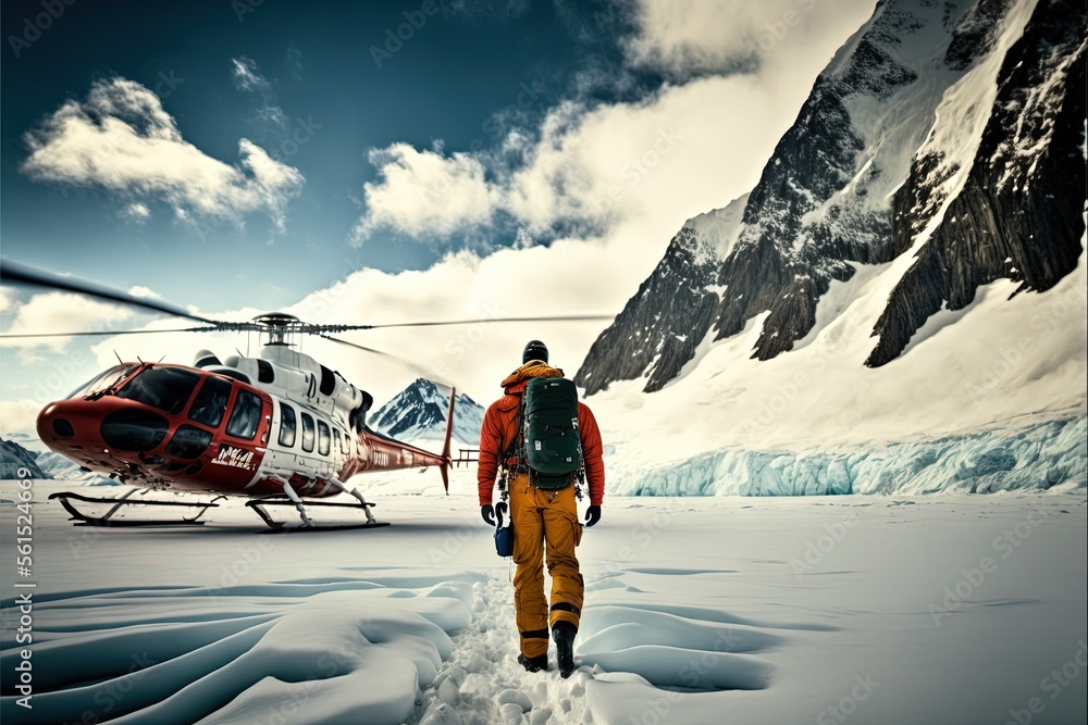 Poster a man in yellow snow pants standing in front of a helicopter on a snowy field with mountains in the 