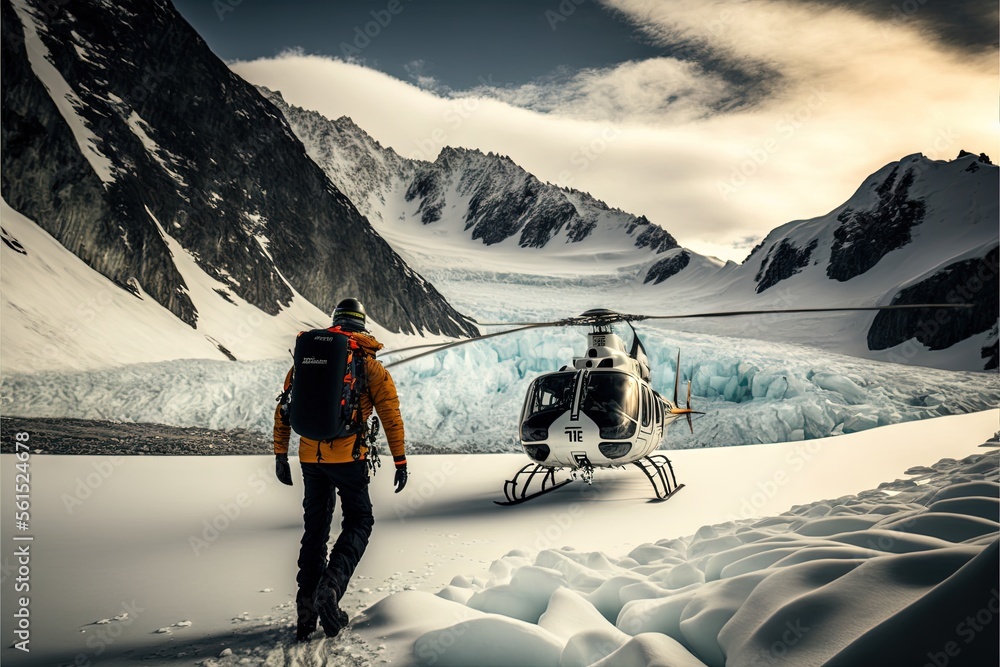 Poster a man standing next to a helicopter on top of a snow covered mountain next to a glacier filled with 