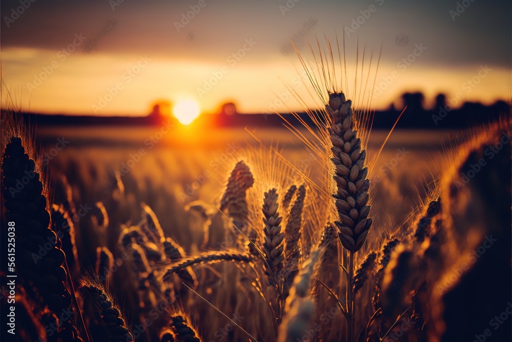 Poster a field of wheat with the sun setting in the background and a few clouds in the sky above it, with a