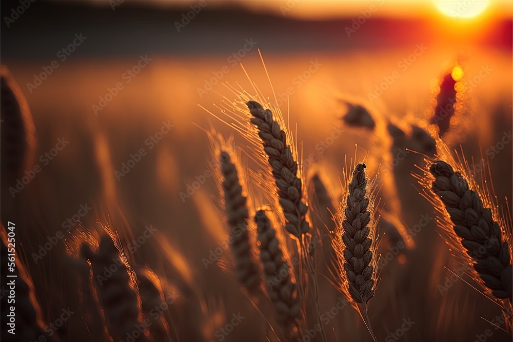 Poster a field of wheat with the sun setting in the background and a blurry image of the wheat in the foreg