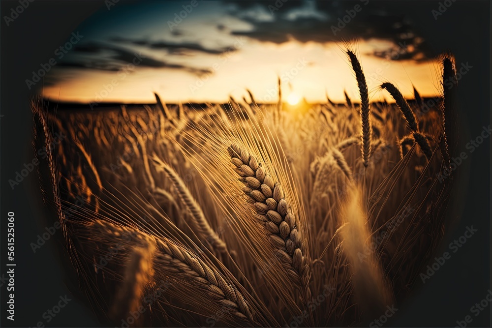 Poster a field of wheat with the sun setting in the background and a few clouds in the sky above it, with a