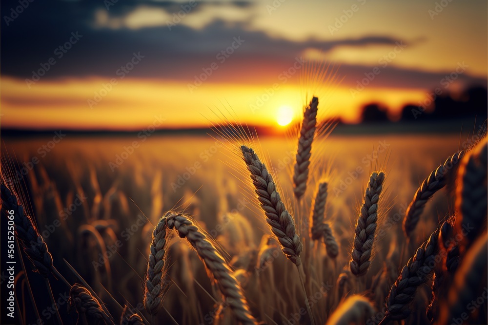 Aufkleber a field of wheat at sunset with the sun setting in the distance behind it and a few clouds in the sk