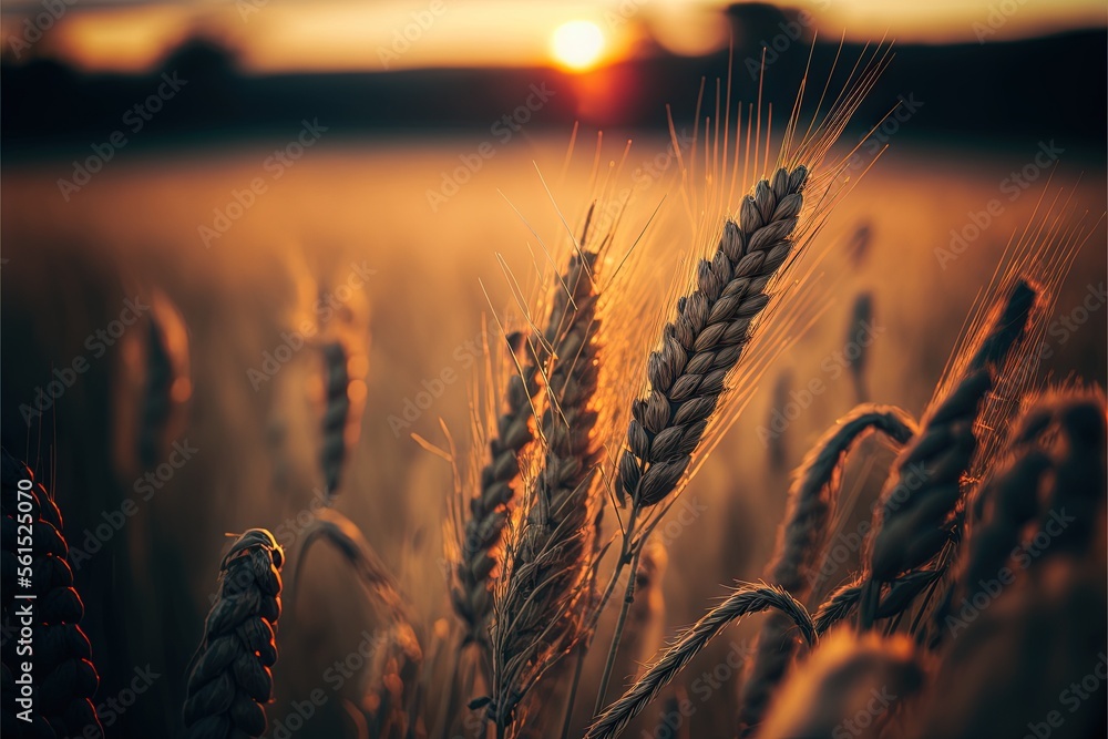 Aufkleber a field of wheat with the sun setting in the background and a few clouds in the sky above it, with a