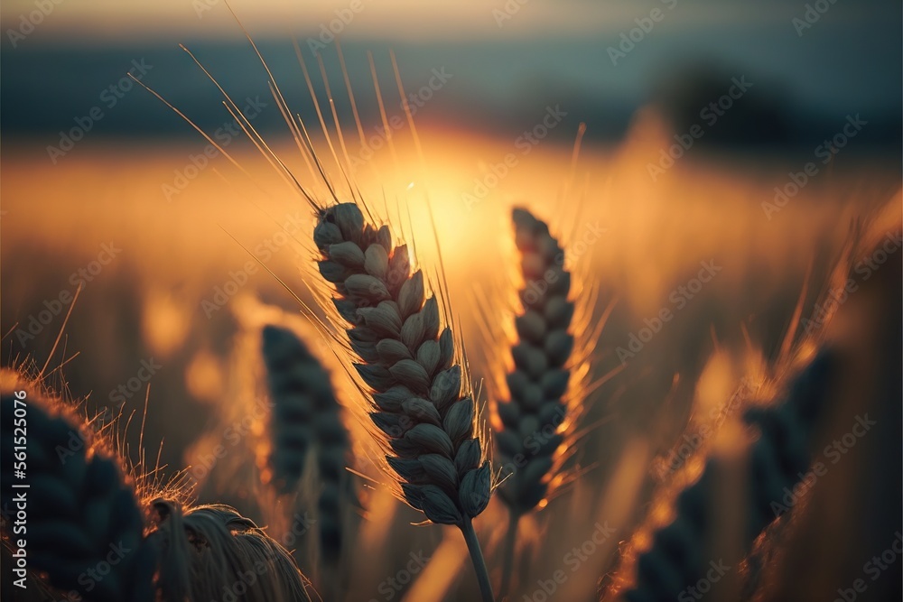 Poster a field of wheat with the sun setting in the background and a blurry image of the grain in the foreg