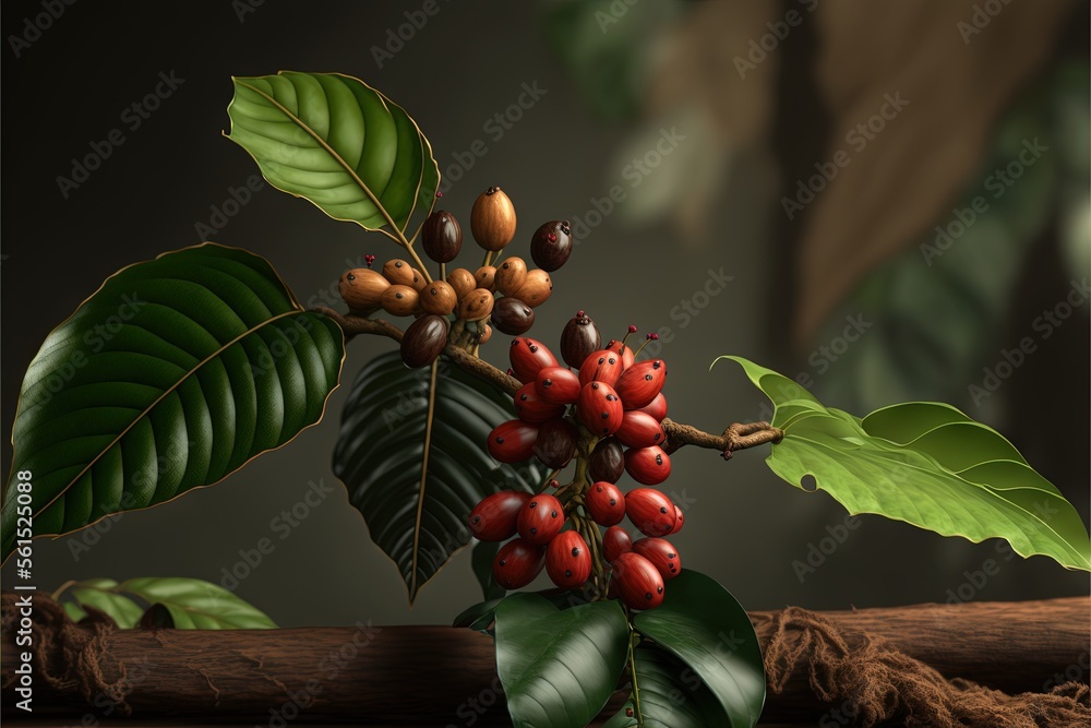 Poster a branch with berries and leaves on it with a dark background and a brown rope around it with a blac