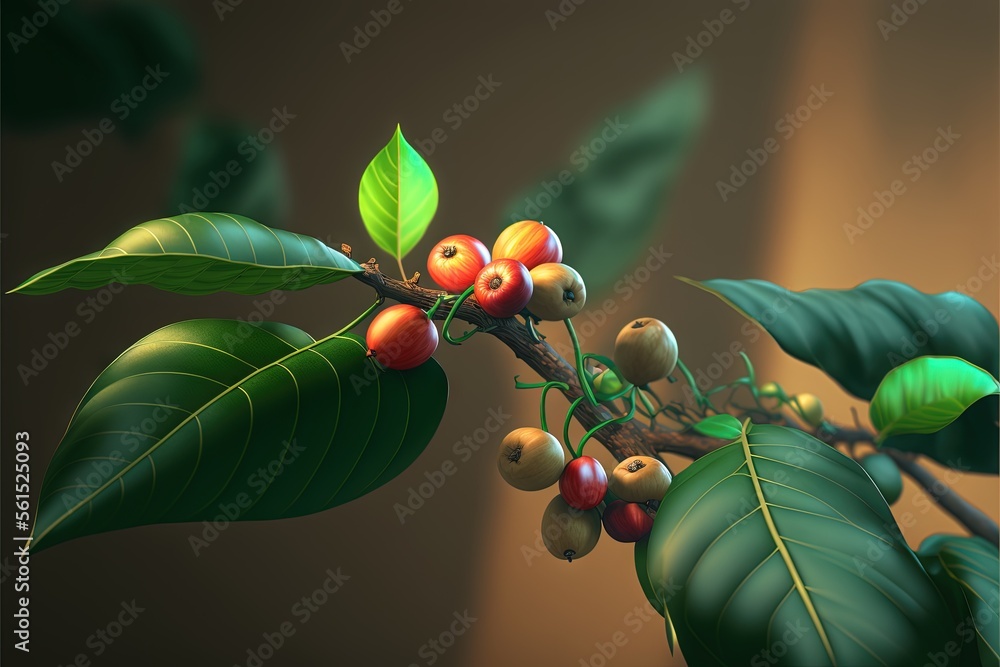 Poster a branch with berries and leaves on it with a brown background and a green leaf on the branch with a