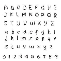 handwritten font. Set of letters, numbers and signs. Vector isolated illustration on white.