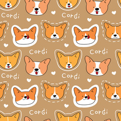 Obraz na płótnie Canvas Seamless Pattern with Cartoon Corgi Dog Face Design on Brown Background